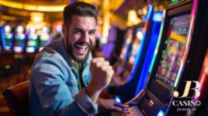 a man is happily playing in slot machine